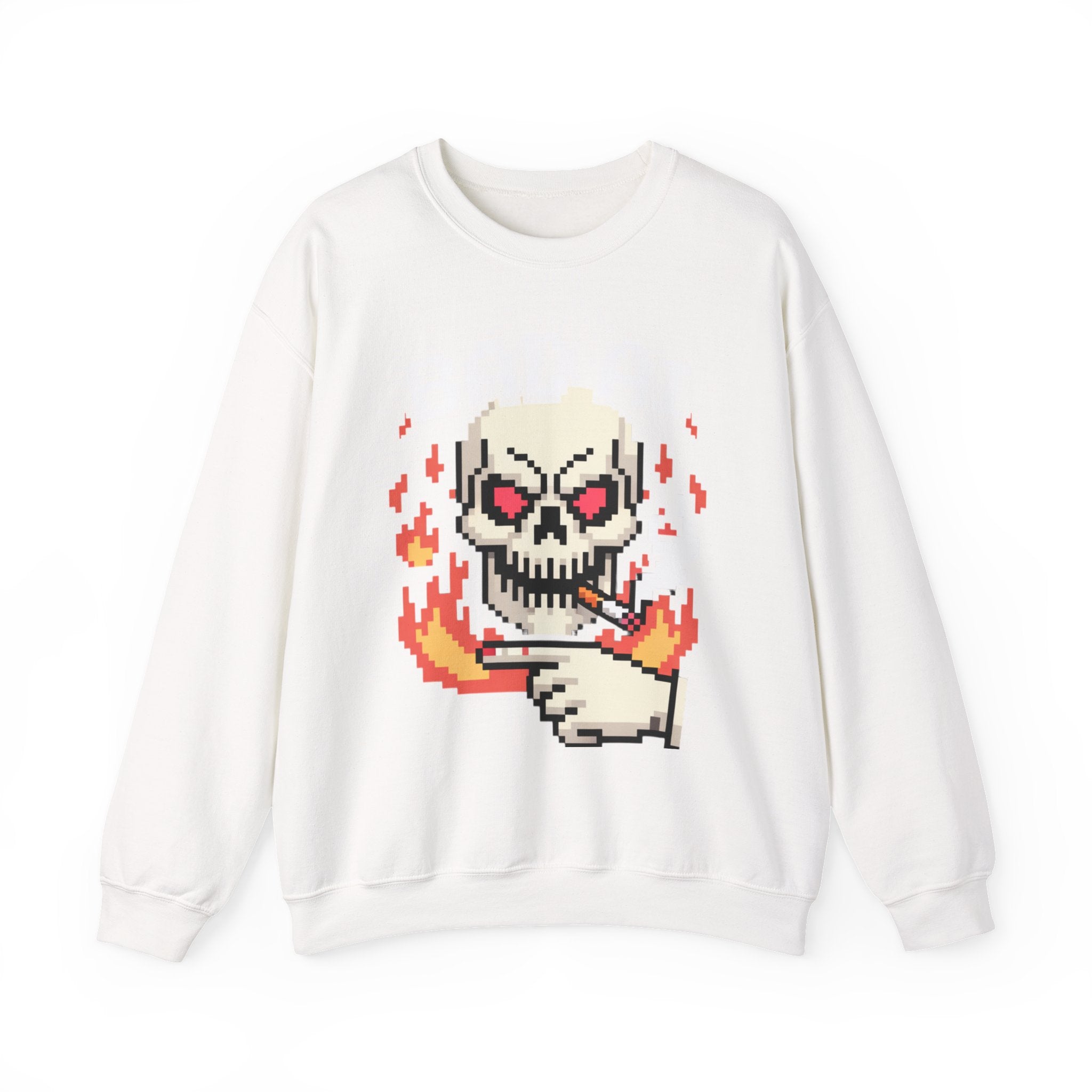 Bad AI Skull on Fire "CYBER BONE COMMAND" Pixel Art Sweatshirt