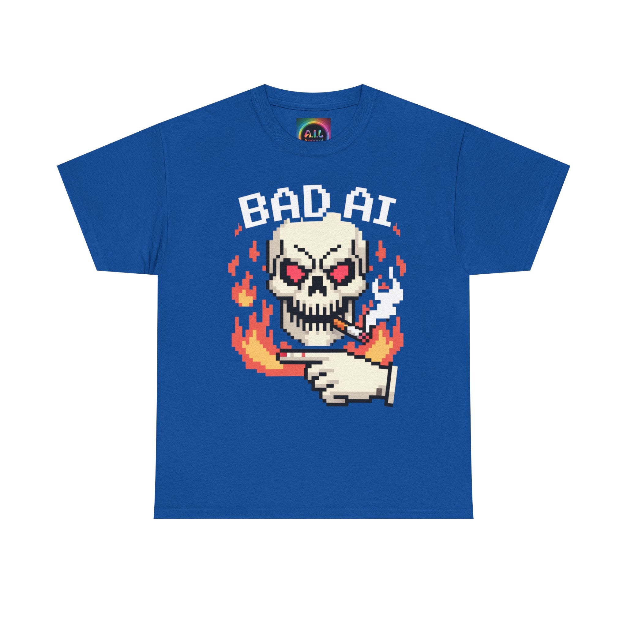 Bad AI Skull on Fire "CYBER BONE COMMAND" Pixel Art T-Shirt