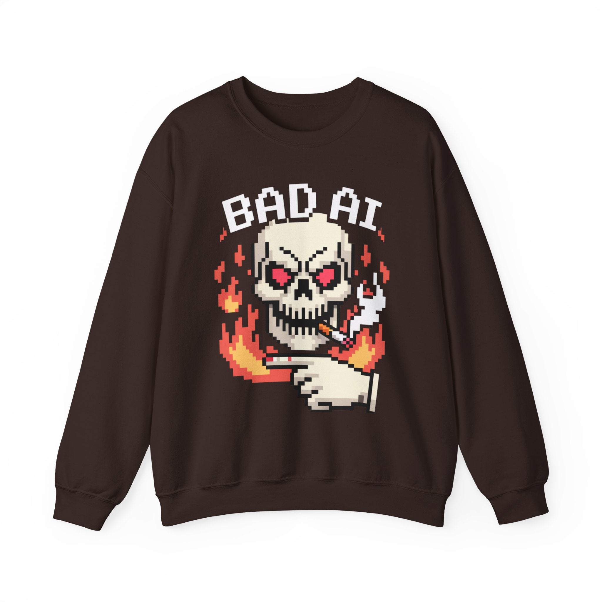 Bad AI Skull on Fire "CYBER BONE COMMAND" Pixel Art Sweatshirt