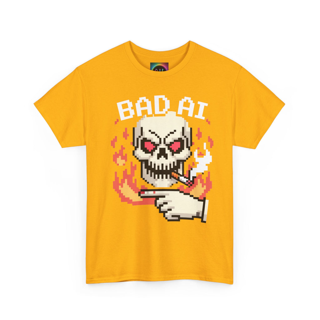 Bad AI Skull on Fire "CYBER BONE COMMAND" Pixel Art T-Shirt