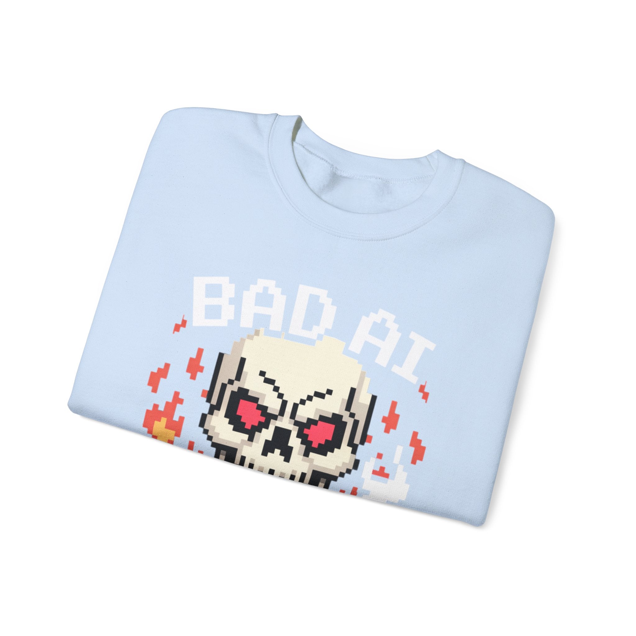 Bad AI Skull on Fire "CYBER BONE COMMAND" Pixel Art Sweatshirt