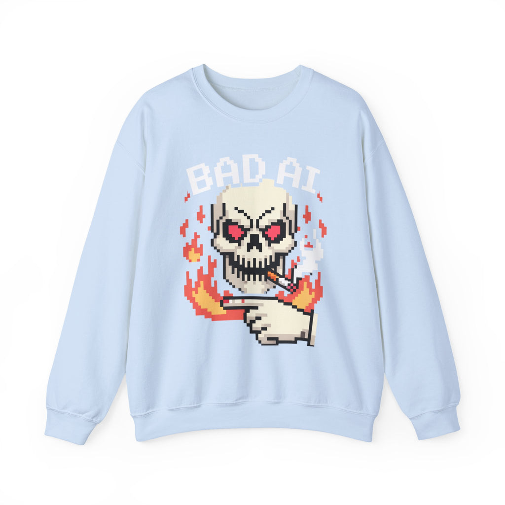 Bad AI Skull on Fire "CYBER BONE COMMAND" Pixel Art Sweatshirt