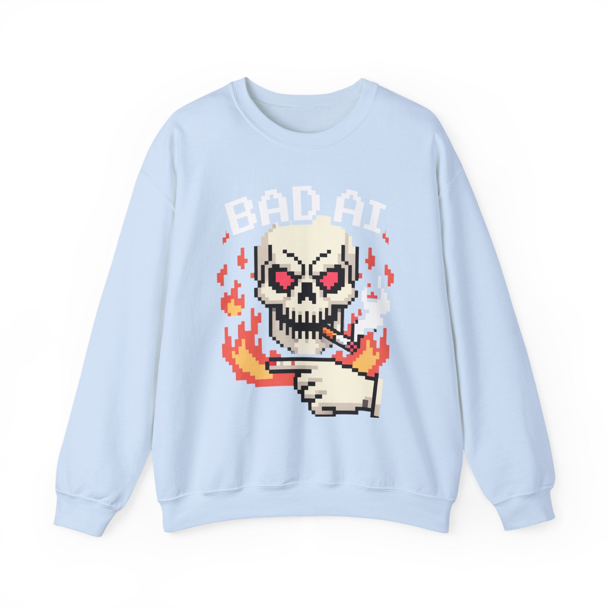 Bad AI Skull on Fire "CYBER BONE COMMAND" Pixel Art Sweatshirt