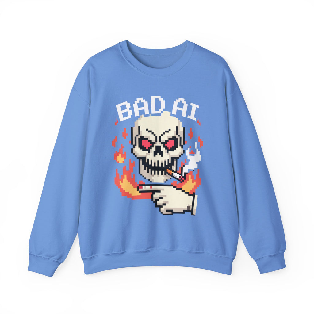 Bad AI Skull on Fire "CYBER BONE COMMAND" Pixel Art Sweatshirt