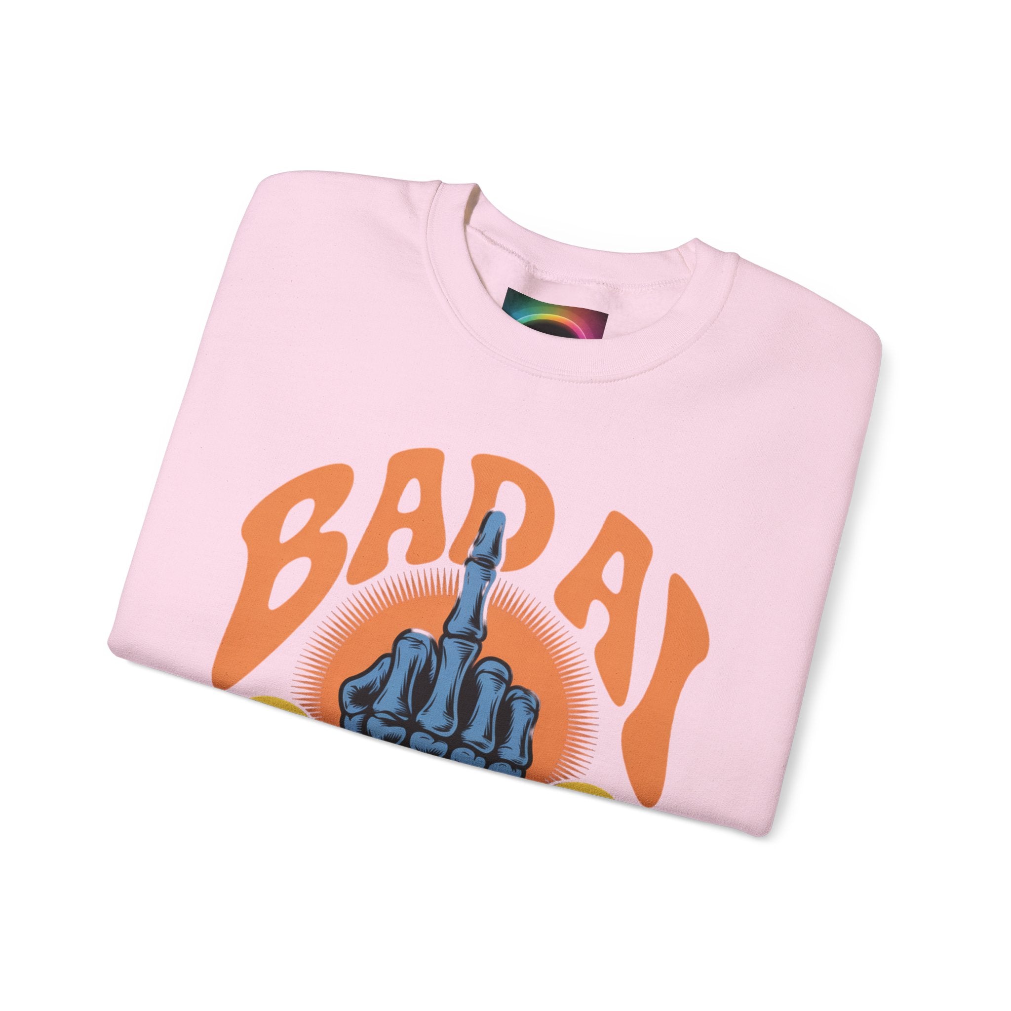 Bad AI Graphic Sweatshirt — Middle Finger Skeleton Hand with Smiley Faces