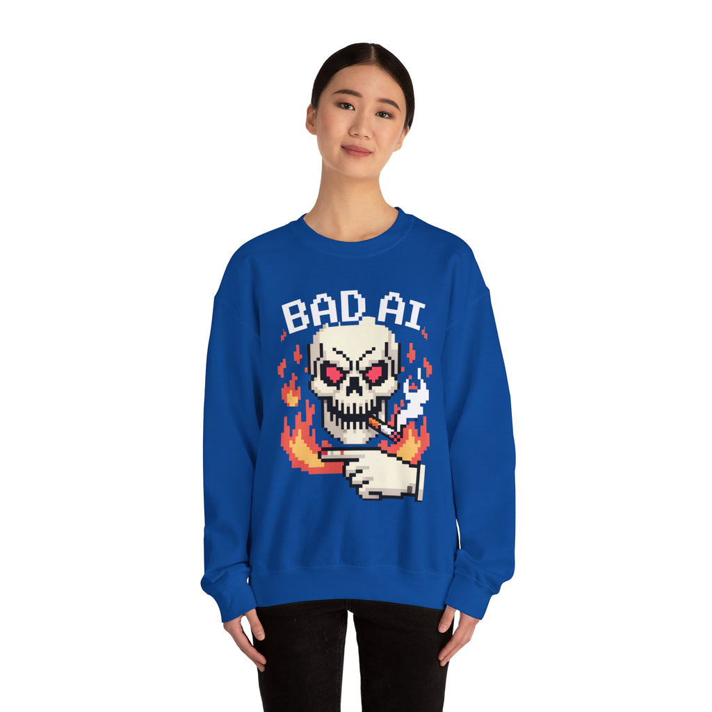 Bad AI Skull on Fire "CYBER BONE COMMAND" Pixel Art Sweatshirt