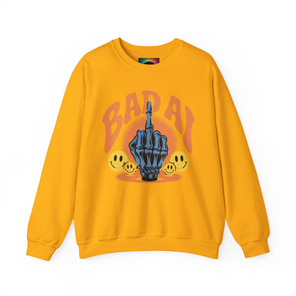 Bad AI Graphic Sweatshirt — Middle Finger Skeleton Hand with Smiley Faces