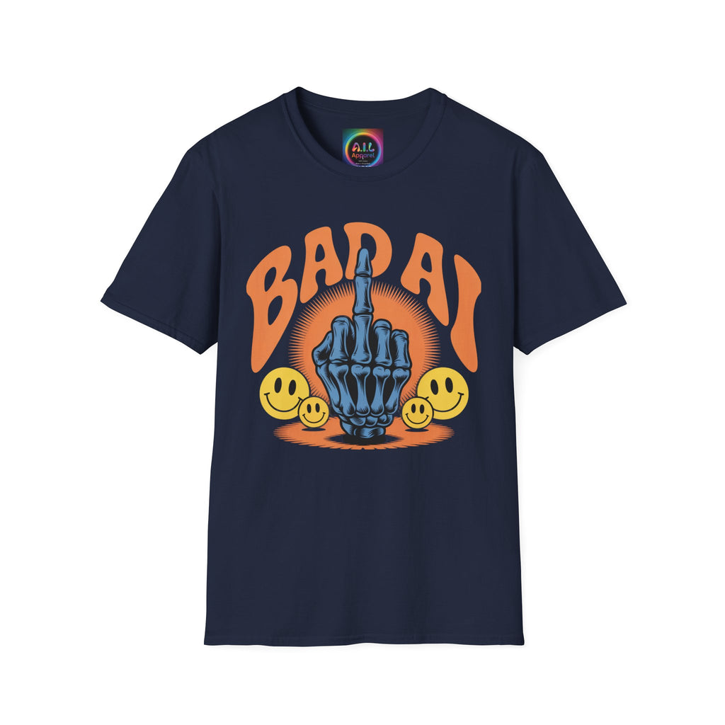 Bad AI Graphic T-Shirt — Middle Finger Skeleton Hand with Smiley Faces