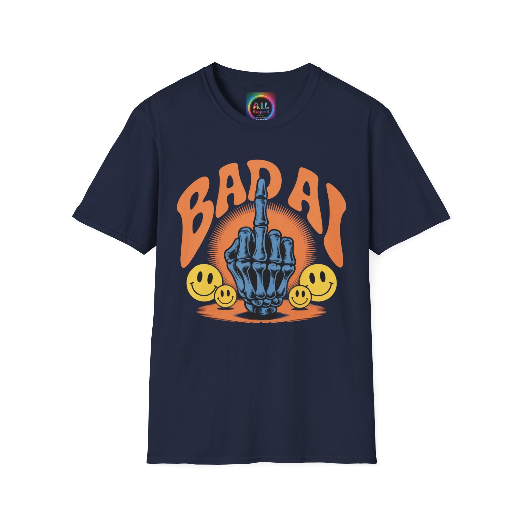 Bad AI Graphic T-Shirt — Middle Finger Skeleton Hand with Smiley Faces