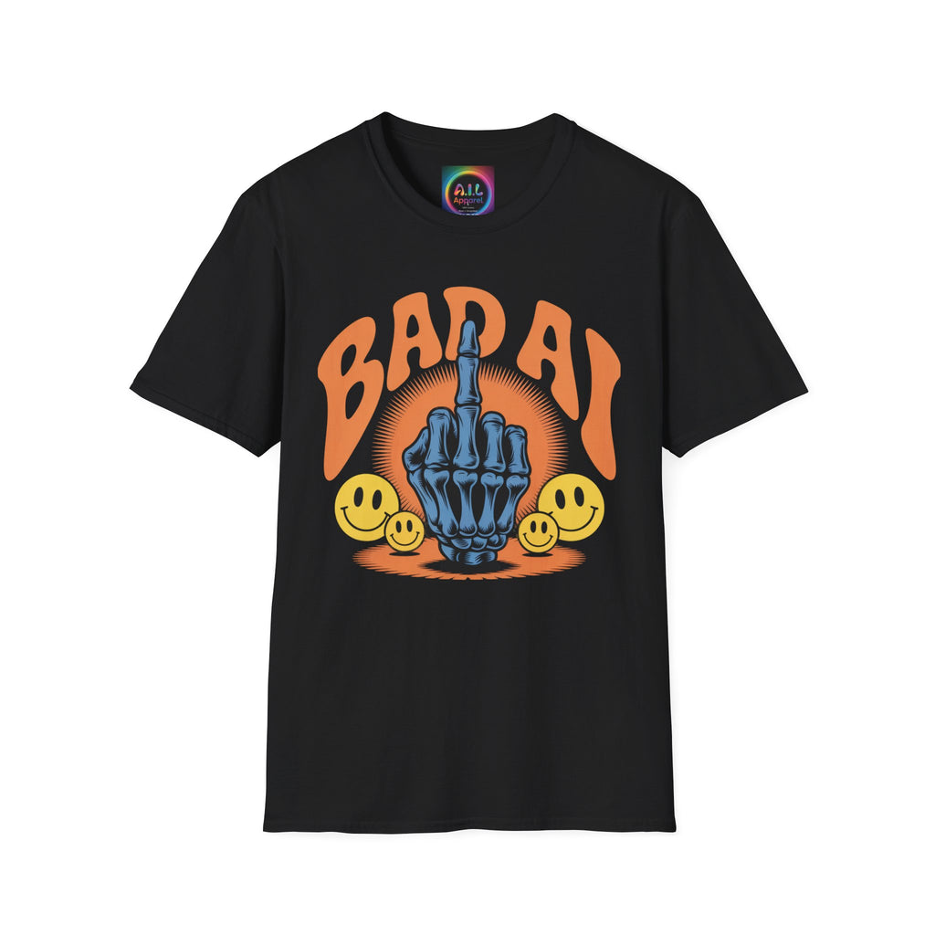 Bad AI Graphic T-Shirt — Middle Finger Skeleton Hand with Smiley Faces