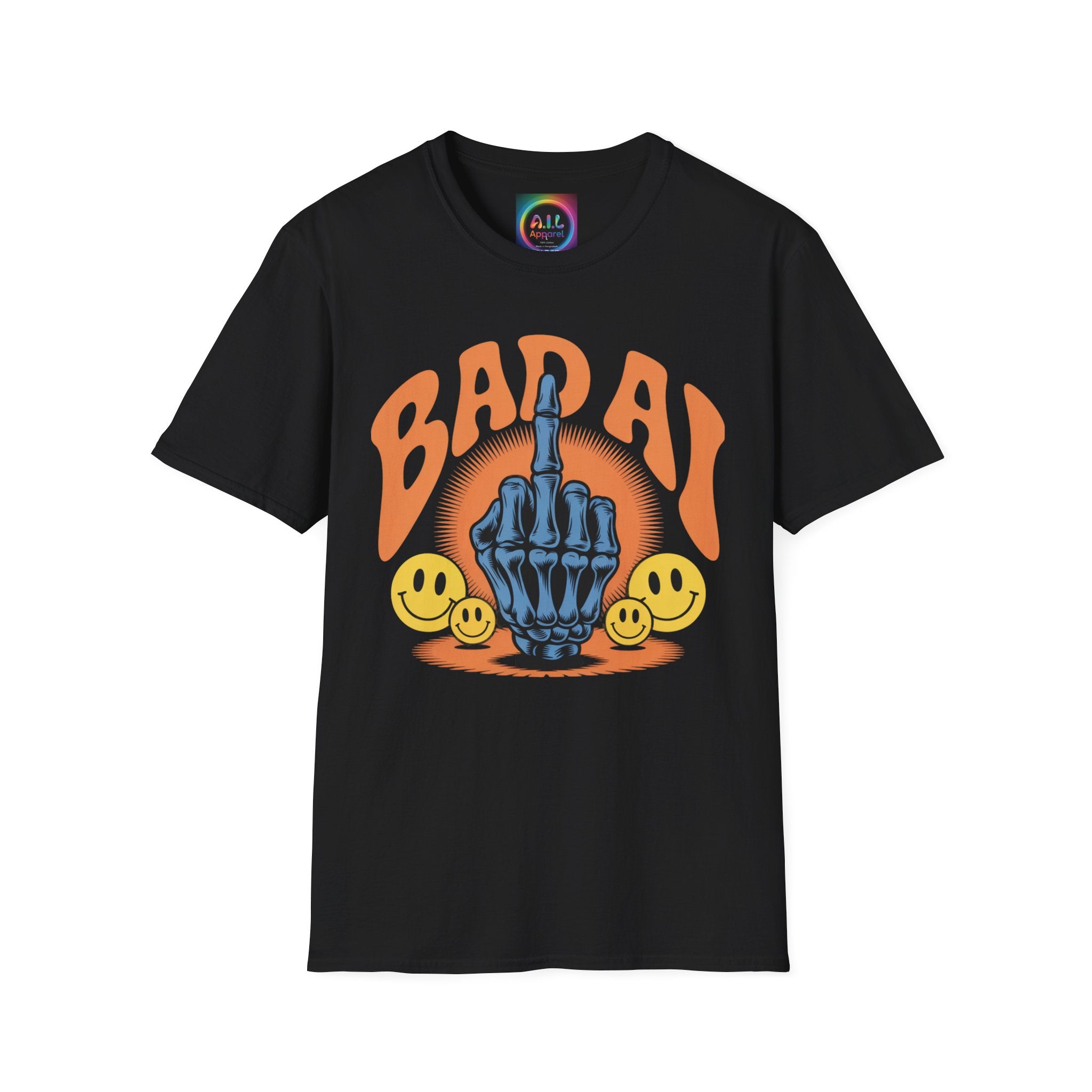 Bad AI Graphic T-Shirt — Middle Finger Skeleton Hand with Smiley Faces