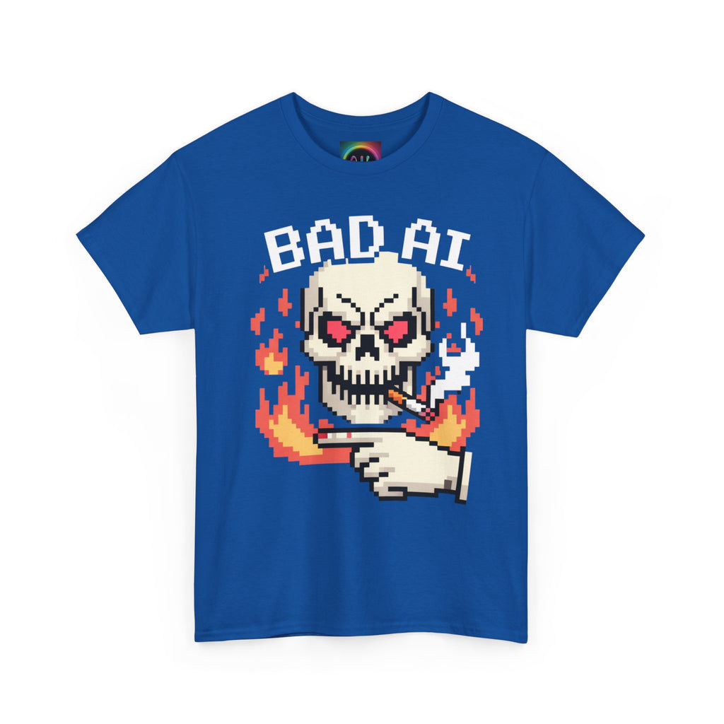Bad AI Skull on Fire "CYBER BONE COMMAND" Pixel Art T-Shirt