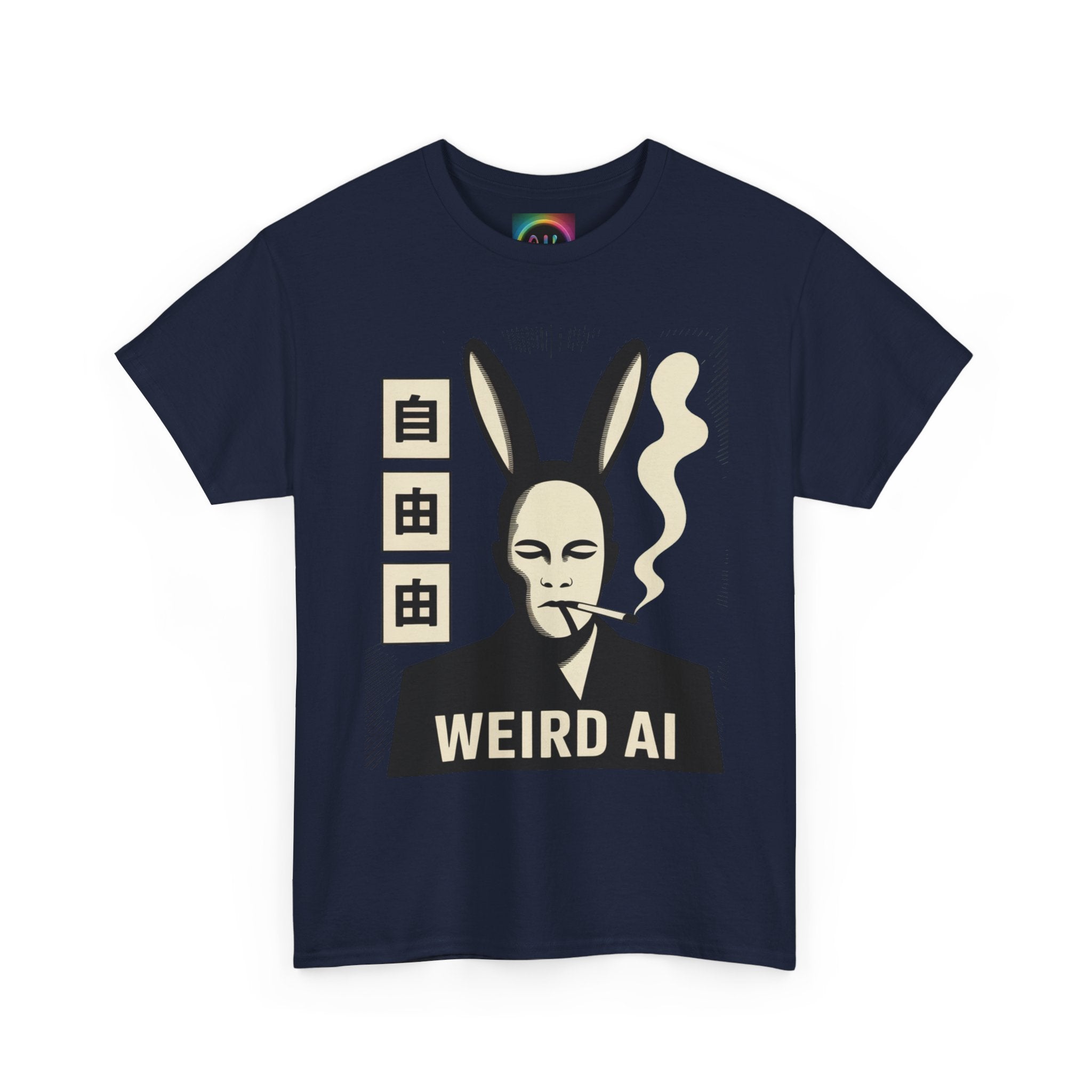 Weird AI Tee "CYBER RABBIT NOIR" Retro Bunny-Masked AI Graphic T-Shirt