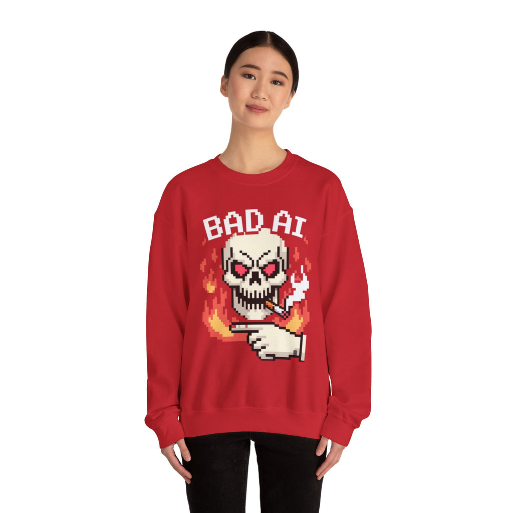 Bad AI Skull on Fire "CYBER BONE COMMAND" Pixel Art Sweatshirt