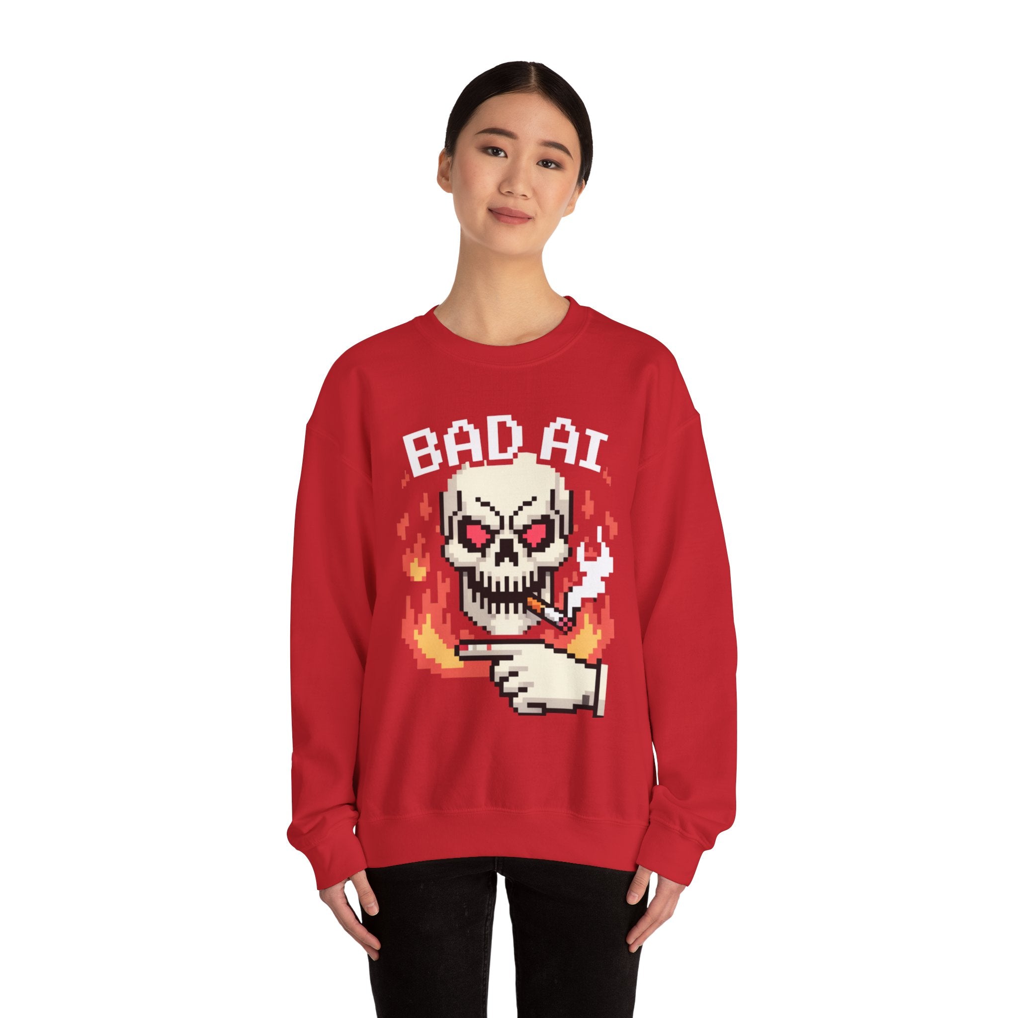 Bad AI Skull on Fire "CYBER BONE COMMAND" Pixel Art Sweatshirt