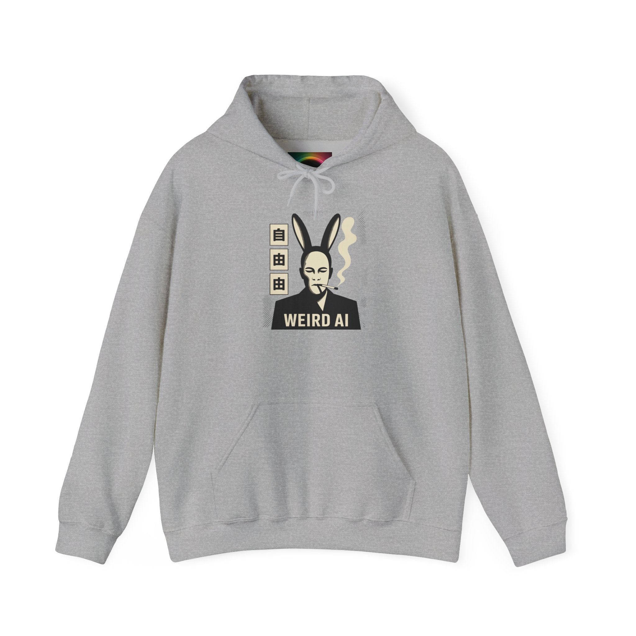 Weird AI Tee "CYBER RABBIT NOIR" Retro Bunny-Masked AI Graphic Hoodie