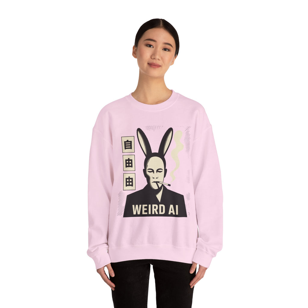 Weird AI Tee "CYBER RABBIT NOIR" Retro Bunny-Masked AI Graphic Crewneck Sweatshirt