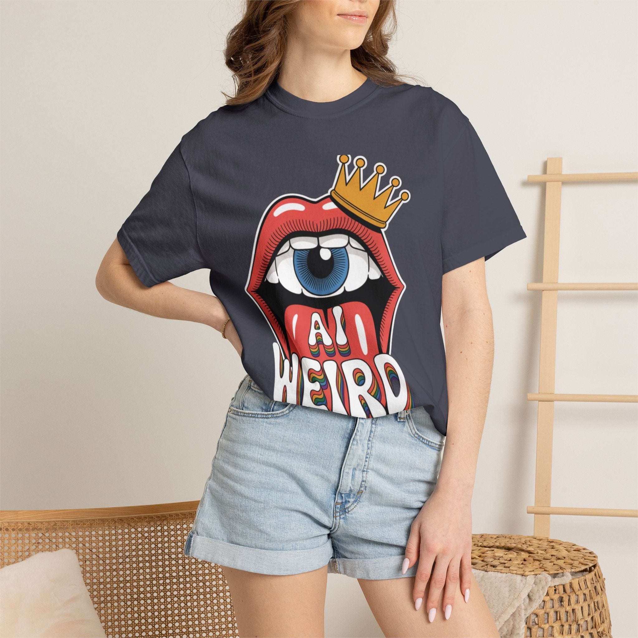 AI Weird Graphic T-Shirt — Crown Quirky Eye & "RETRO CROWNED MOUTH"