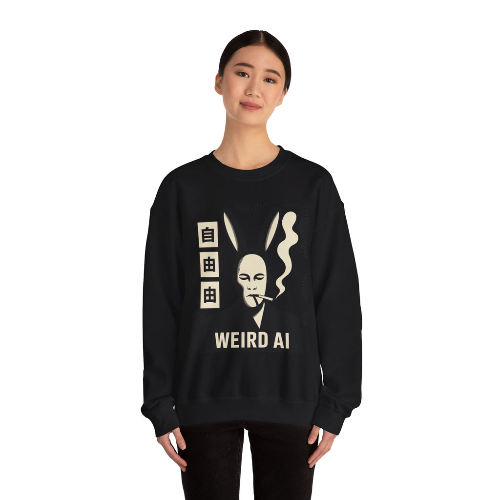 Weird AI Tee "CYBER RABBIT NOIR" Retro Bunny-Masked AI Graphic Crewneck Sweatshirt