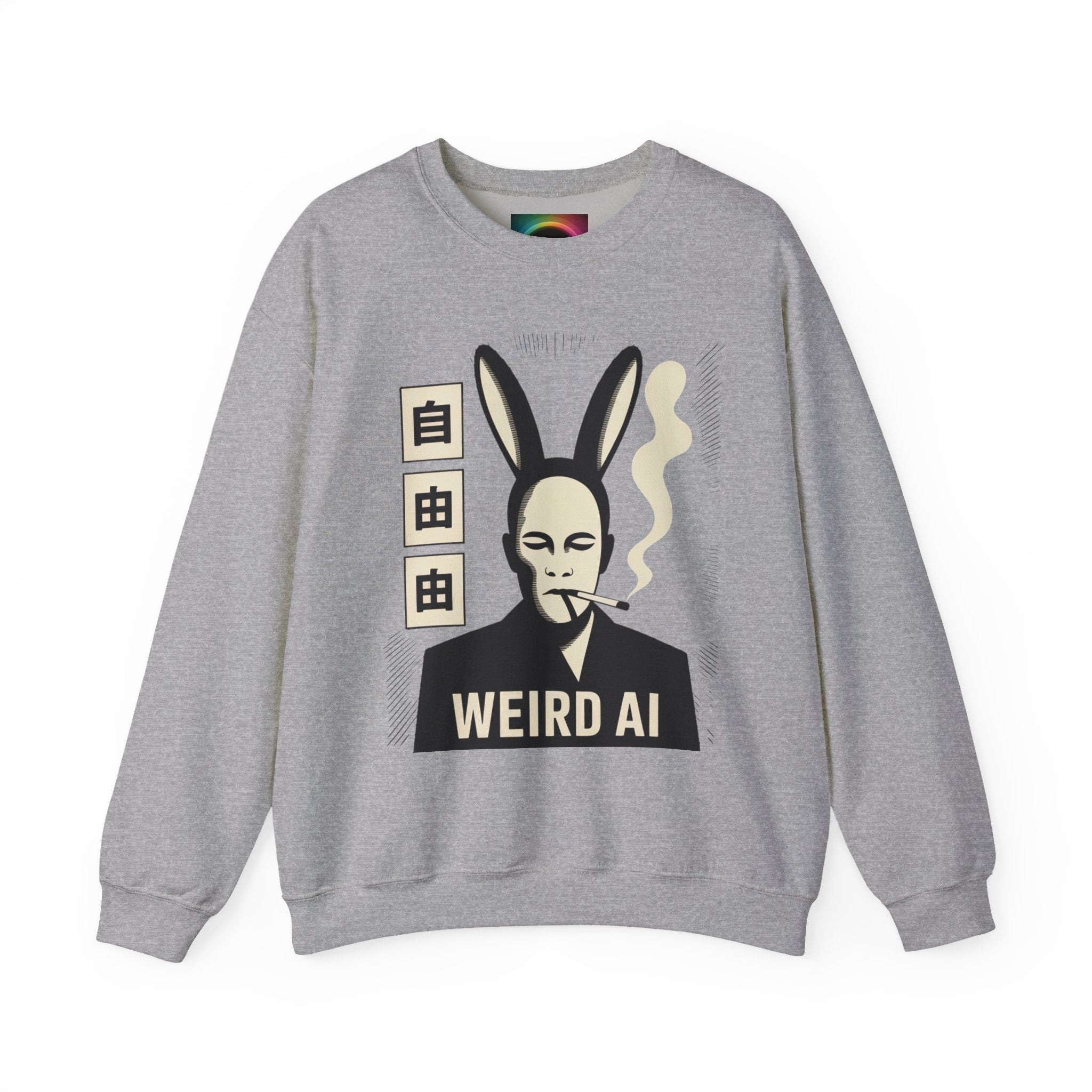 Weird AI Tee "CYBER RABBIT NOIR" Retro Bunny-Masked AI Graphic Crewneck Sweatshirt