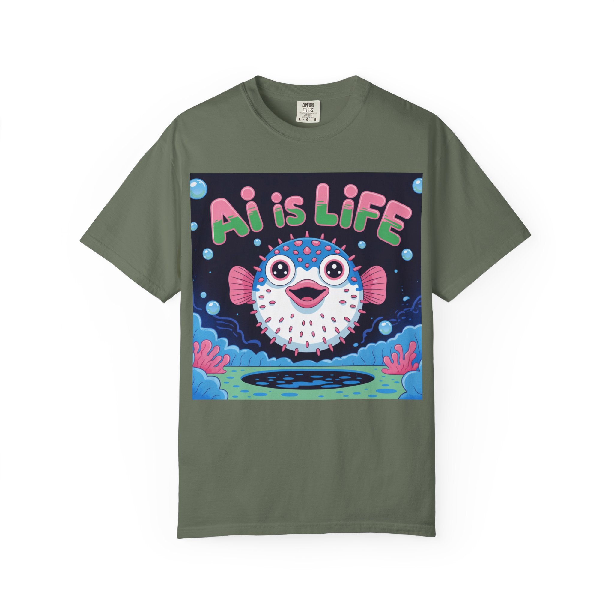 AI is LIFE  “Happy Blowfish Energy” ( Unisex Garment-Dyed T-shirt)