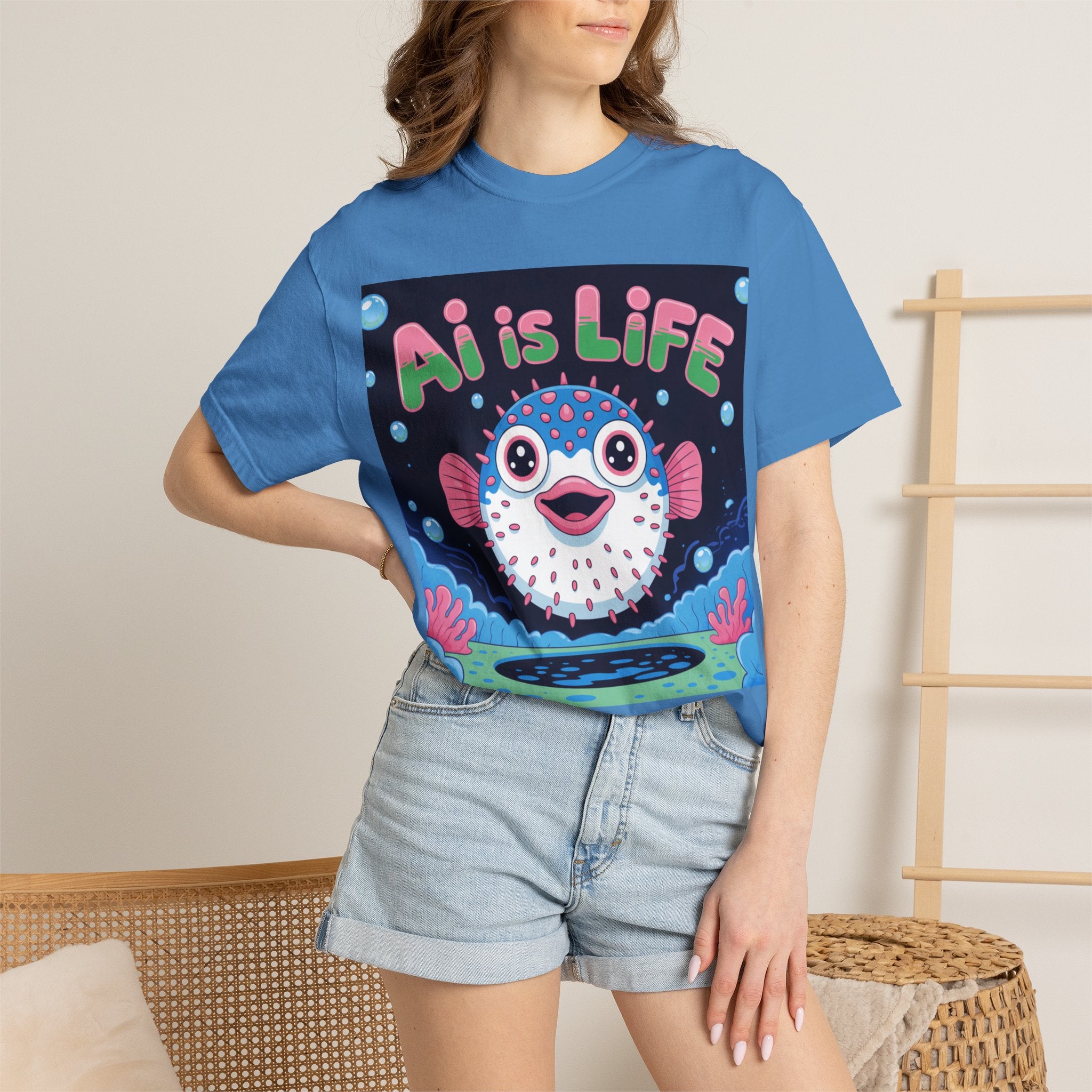 AI is LIFE  “Happy Blowfish Energy” ( Unisex Garment-Dyed T-shirt)