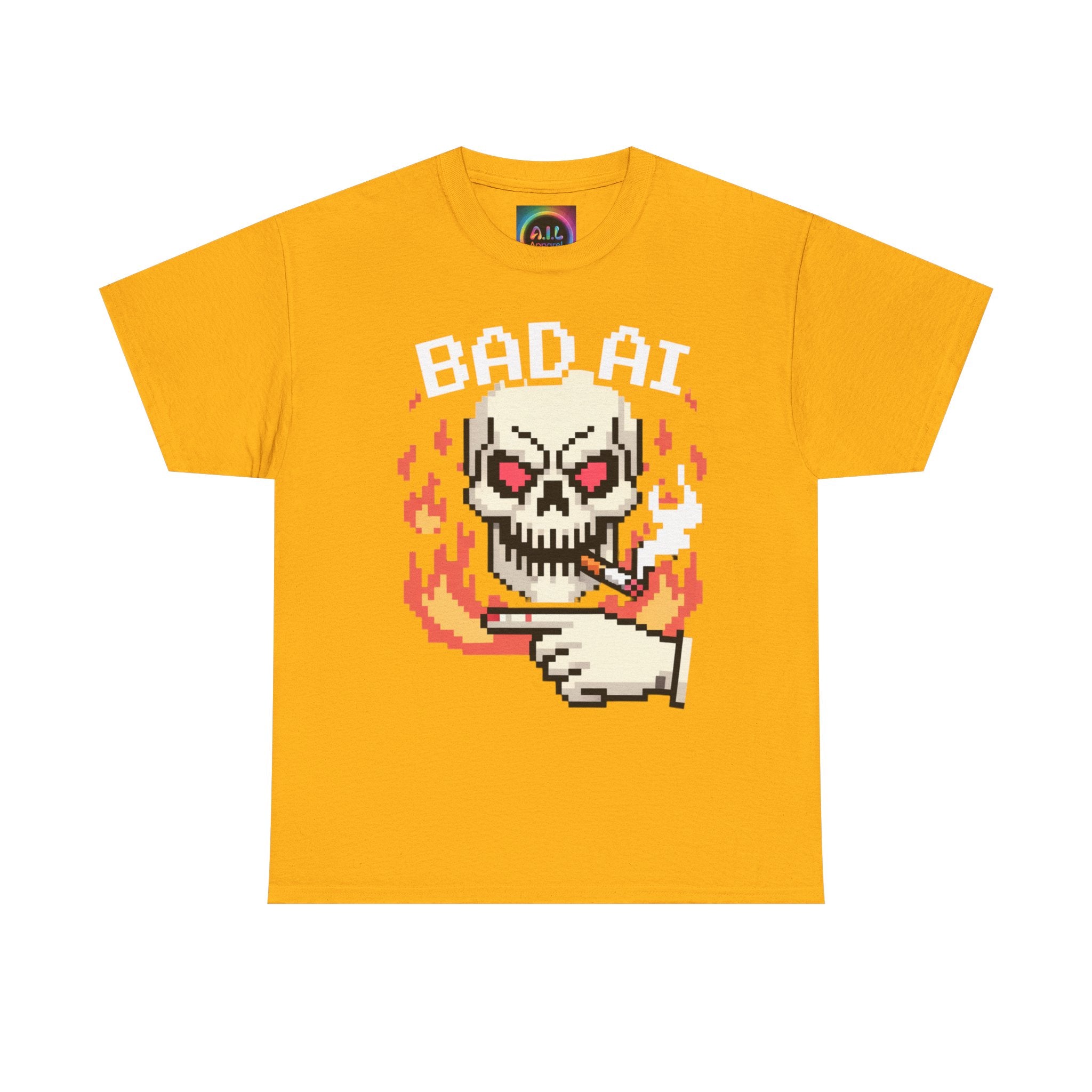 Bad AI Skull on Fire "CYBER BONE COMMAND" Pixel Art T-Shirt