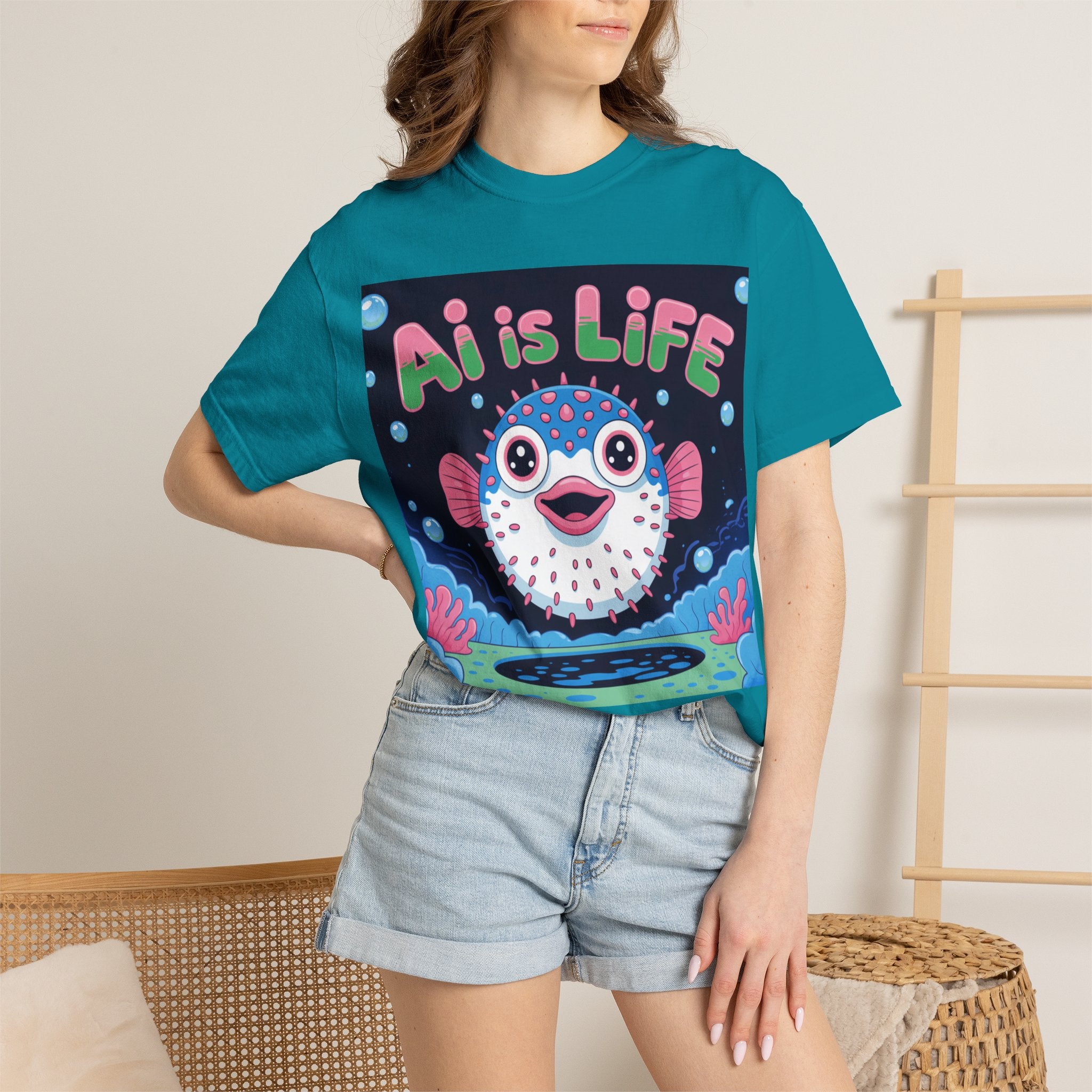AI is LIFE  “Happy Blowfish Energy” ( Unisex Garment-Dyed T-shirt)