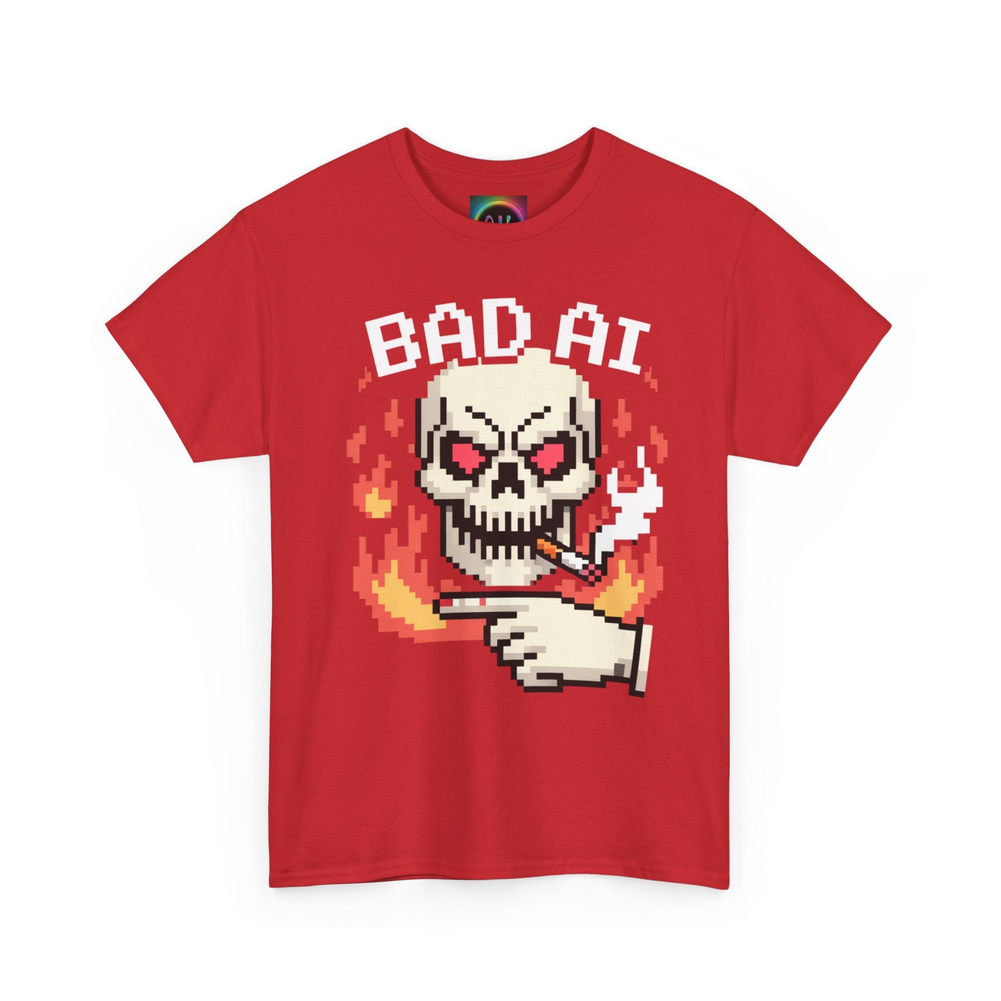 Bad AI Skull on Fire "CYBER BONE COMMAND" Pixel Art T-Shirt