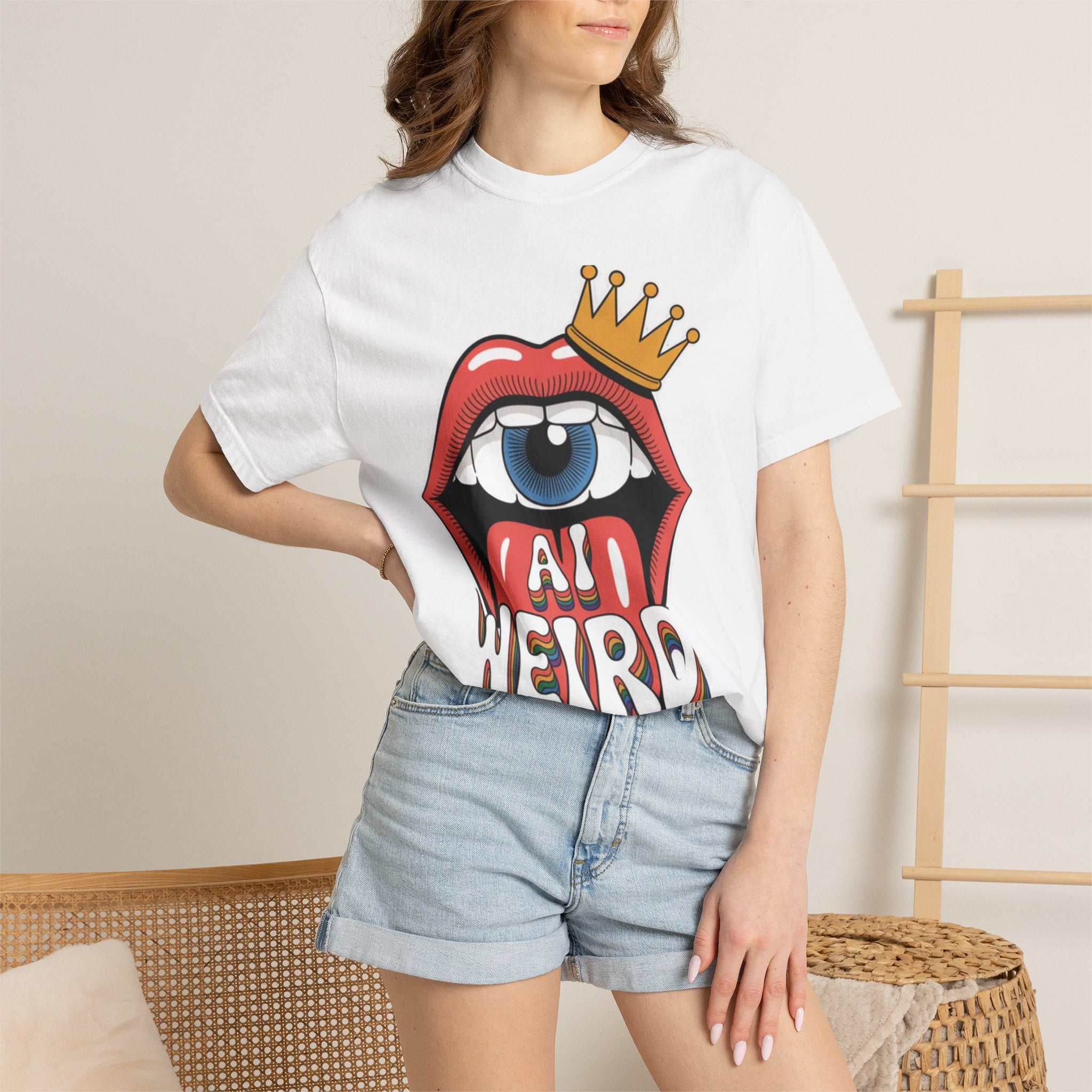 AI Weird Graphic T-Shirt — Crown Quirky Eye & "RETRO CROWNED MOUTH"