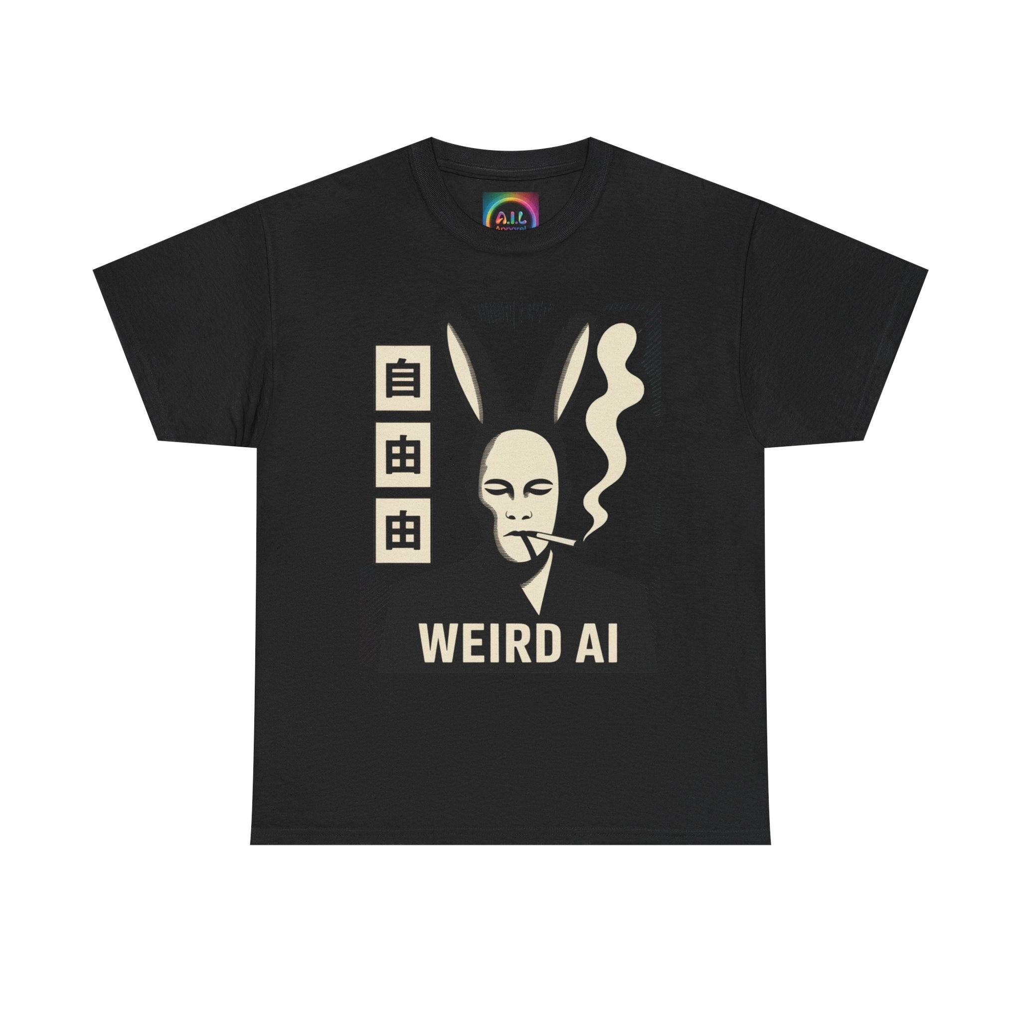 Weird AI Tee "CYBER RABBIT NOIR" Retro Bunny-Masked AI Graphic T-Shirt