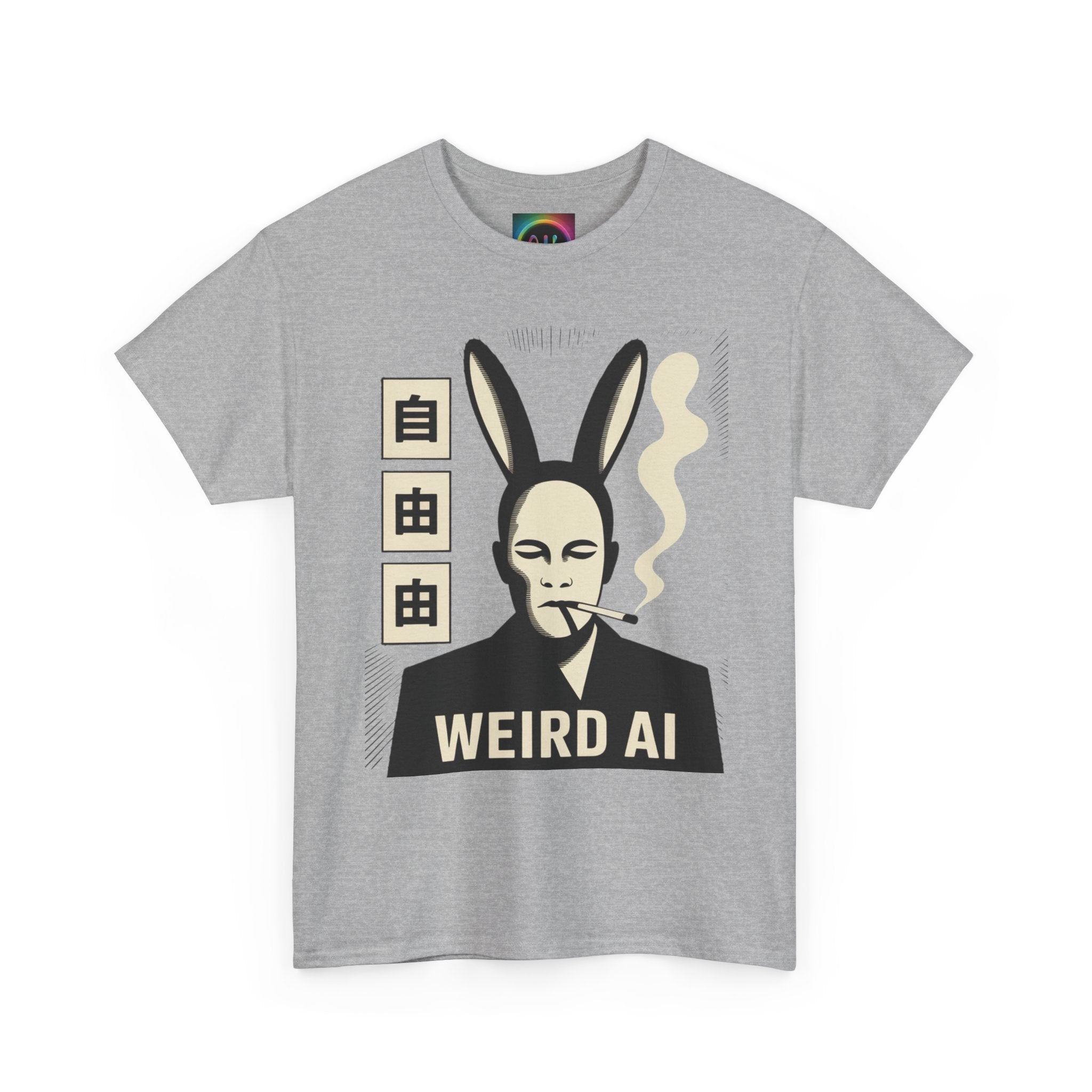 Weird AI Tee "CYBER RABBIT NOIR" Retro Bunny-Masked AI Graphic T-Shirt