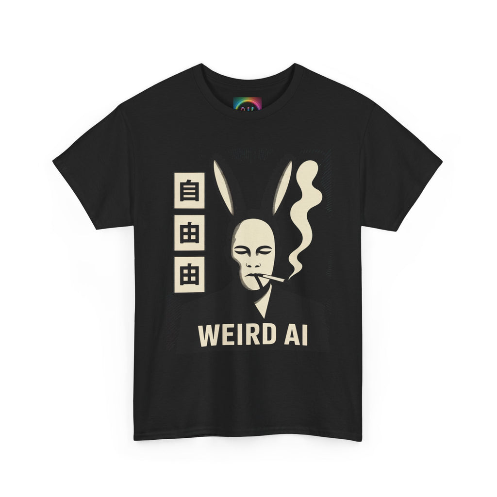 Weird AI Tee "CYBER RABBIT NOIR" Retro Bunny-Masked AI Graphic T-Shirt