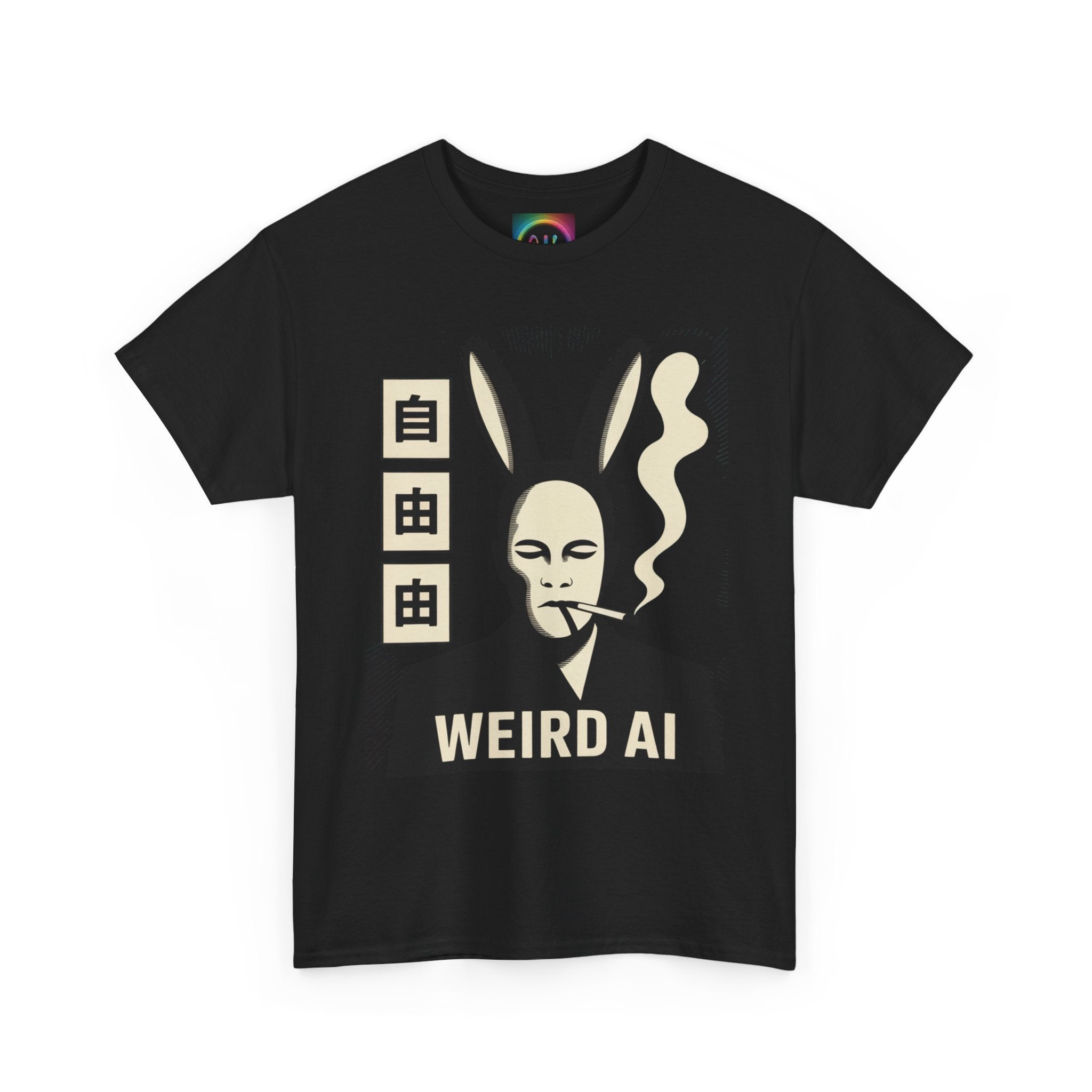 Weird AI Tee "CYBER RABBIT NOIR" Retro Bunny-Masked AI Graphic T-Shirt