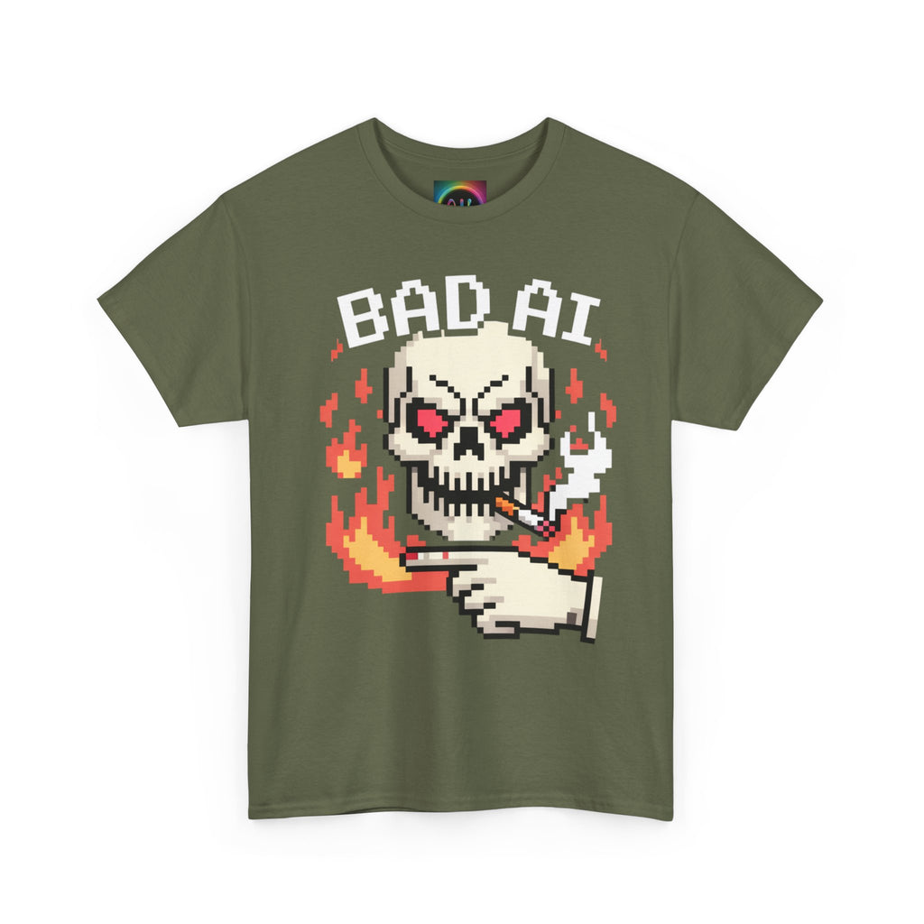 Bad AI Skull on Fire "CYBER BONE COMMAND" Pixel Art T-Shirt