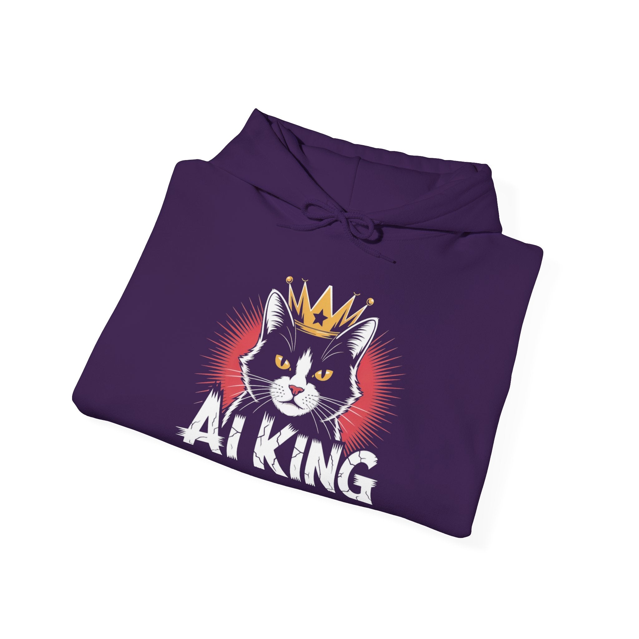 AI King Hoodie ""Glitch Monarch"" Cute Crowned Cat Graphic Pullover