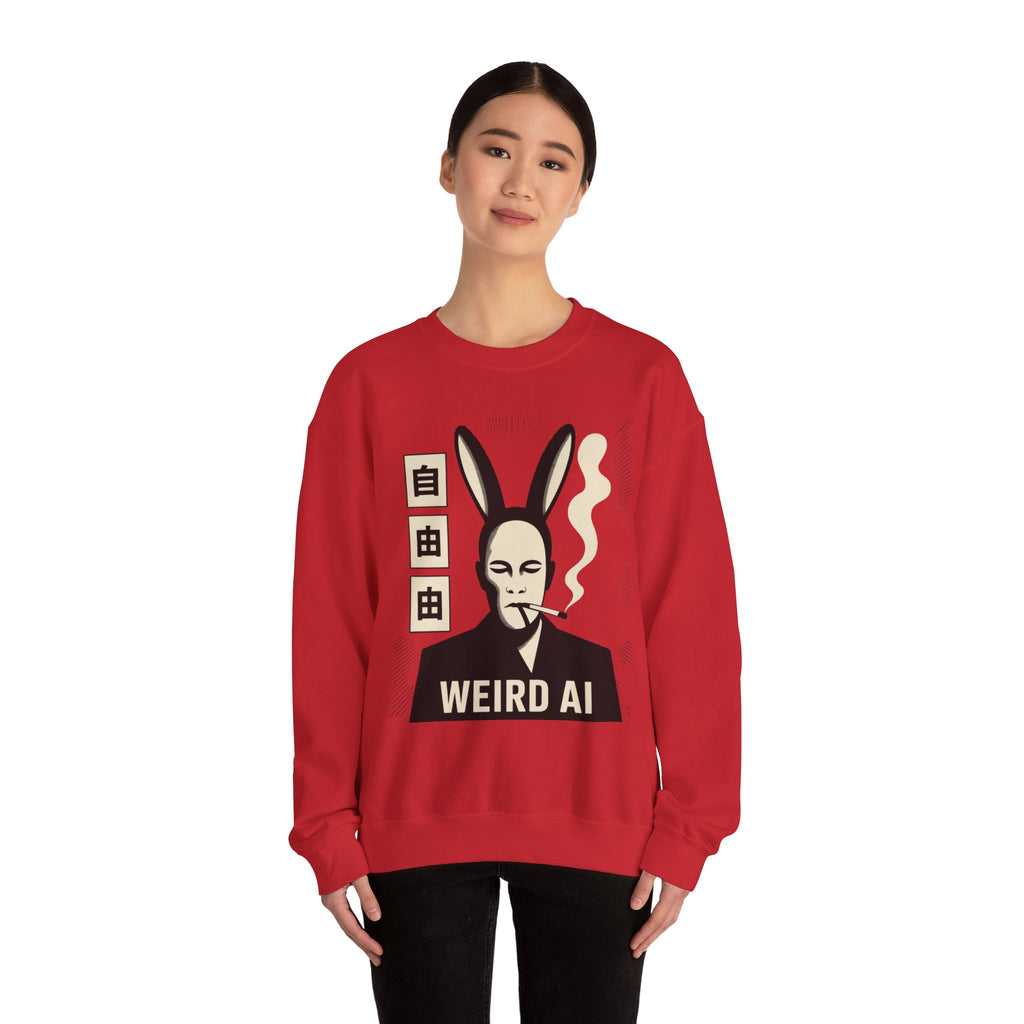 Weird AI Tee "CYBER RABBIT NOIR" Retro Bunny-Masked AI Graphic Crewneck Sweatshirt