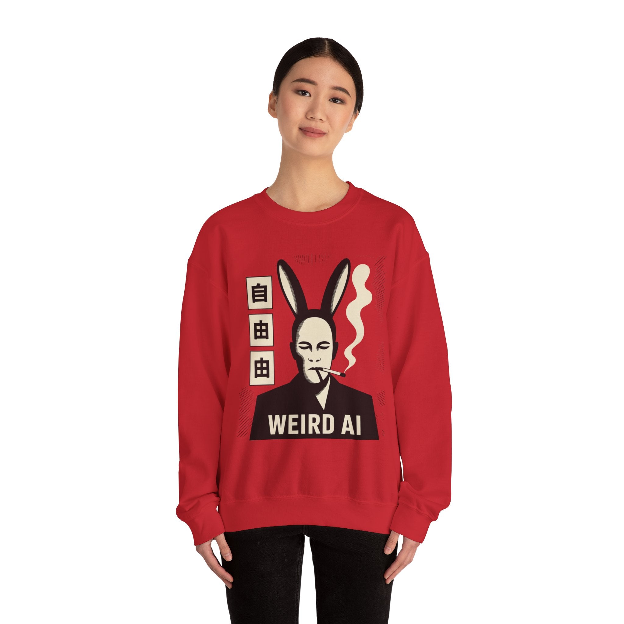 Weird AI Tee "CYBER RABBIT NOIR" Retro Bunny-Masked AI Graphic Crewneck Sweatshirt