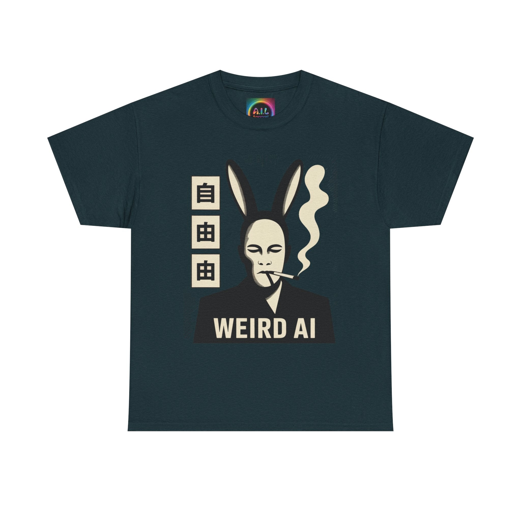 Weird AI Tee "CYBER RABBIT NOIR" Retro Bunny-Masked AI Graphic T-Shirt