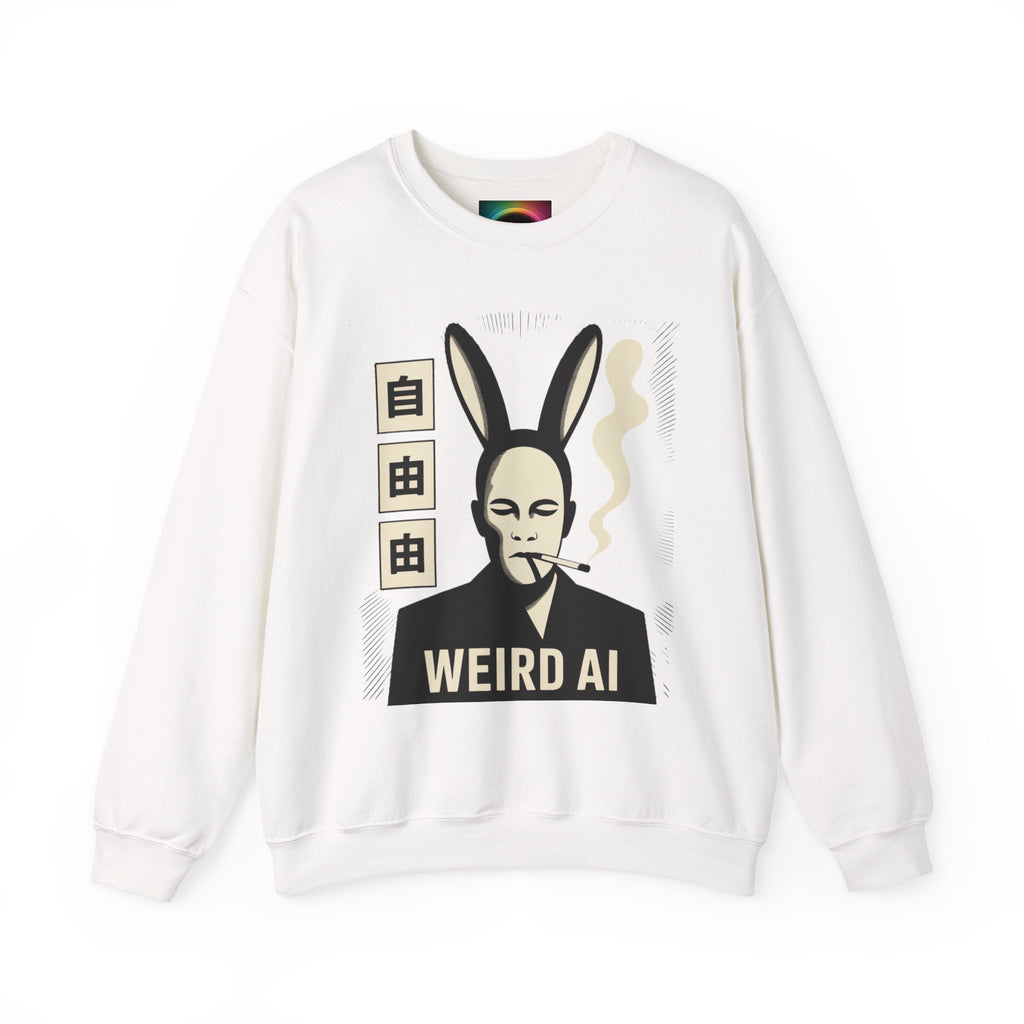 Weird AI Tee "CYBER RABBIT NOIR" Retro Bunny-Masked AI Graphic Crewneck Sweatshirt