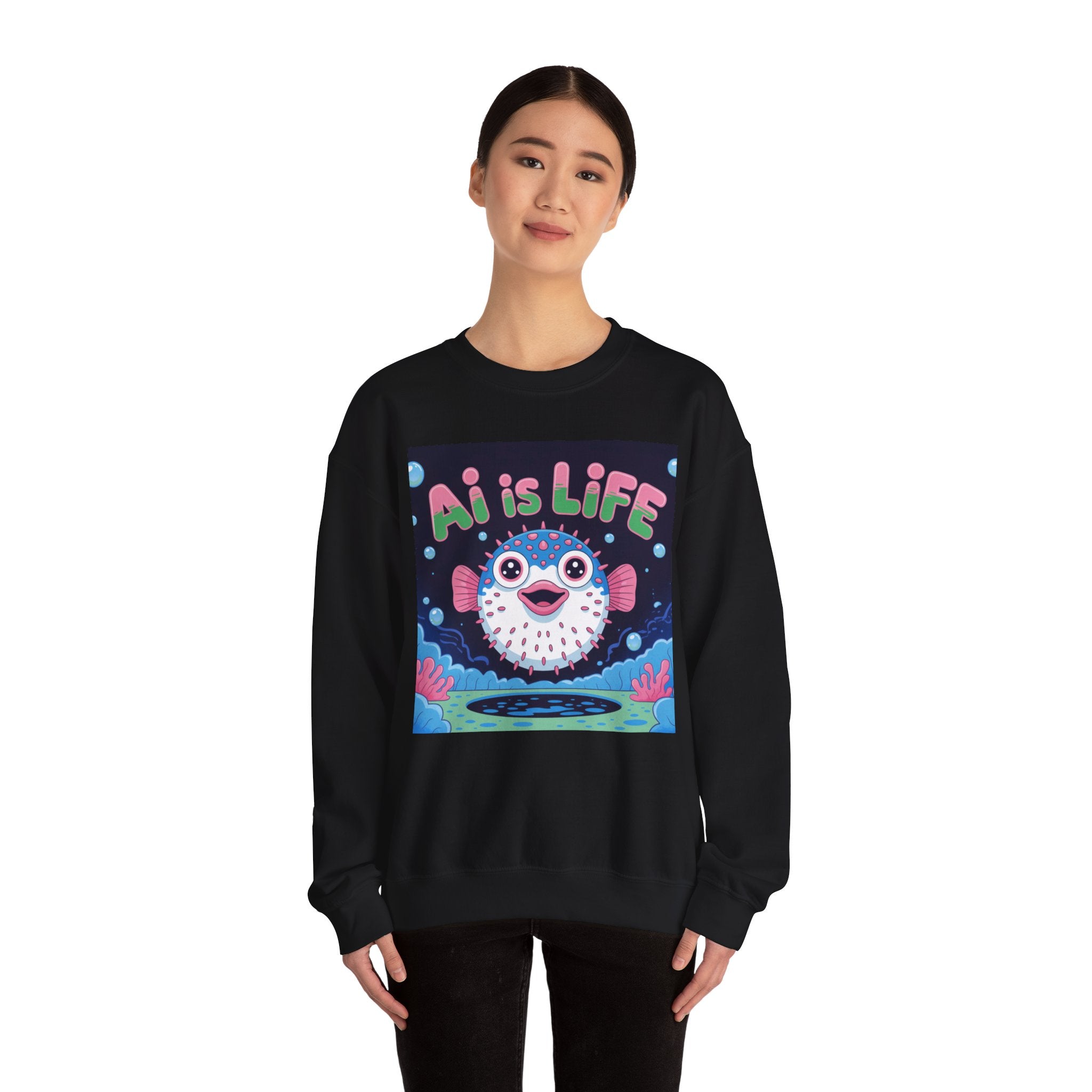 AI is LIFE “Happy Blowfish Energy” of Unisex Heavy Blend™ Crewneck Sweatshirt