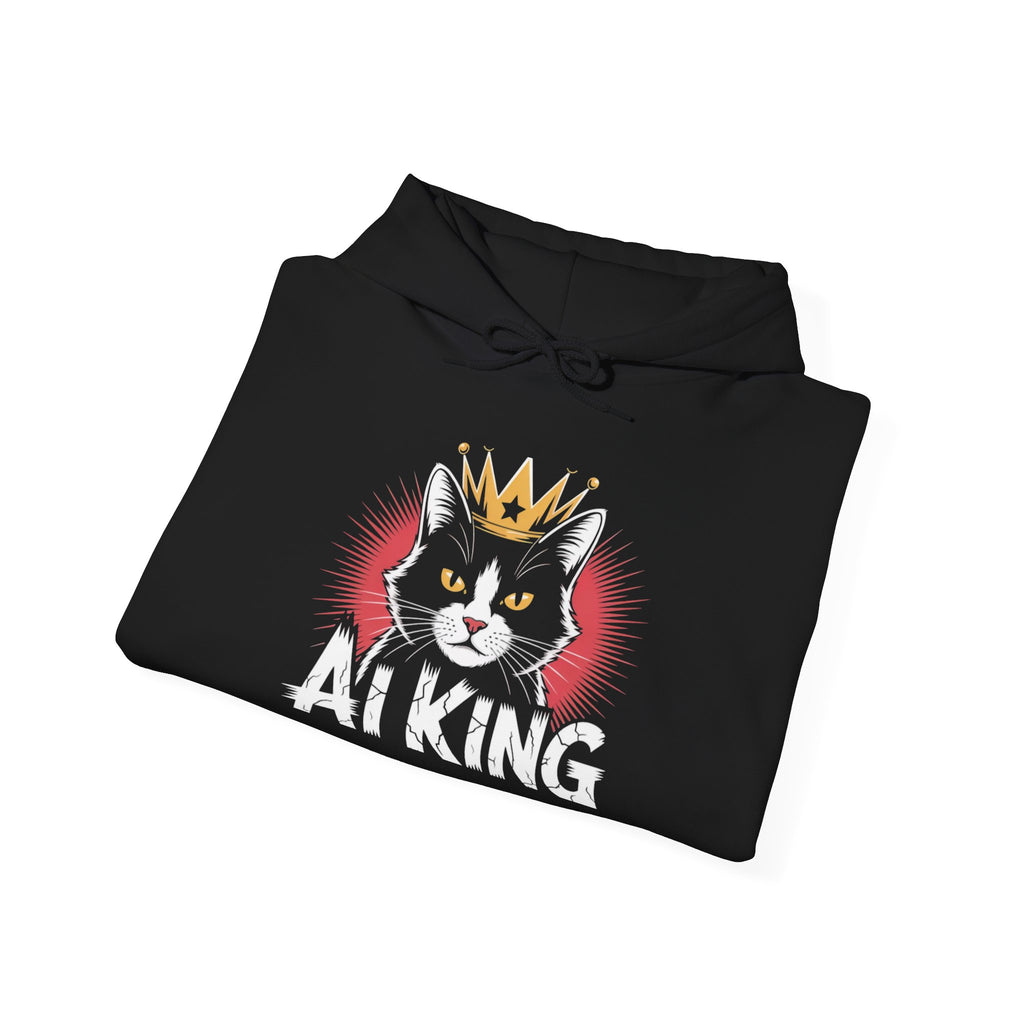 AI King Hoodie ""Glitch Monarch"" Cute Crowned Cat Graphic Pullover