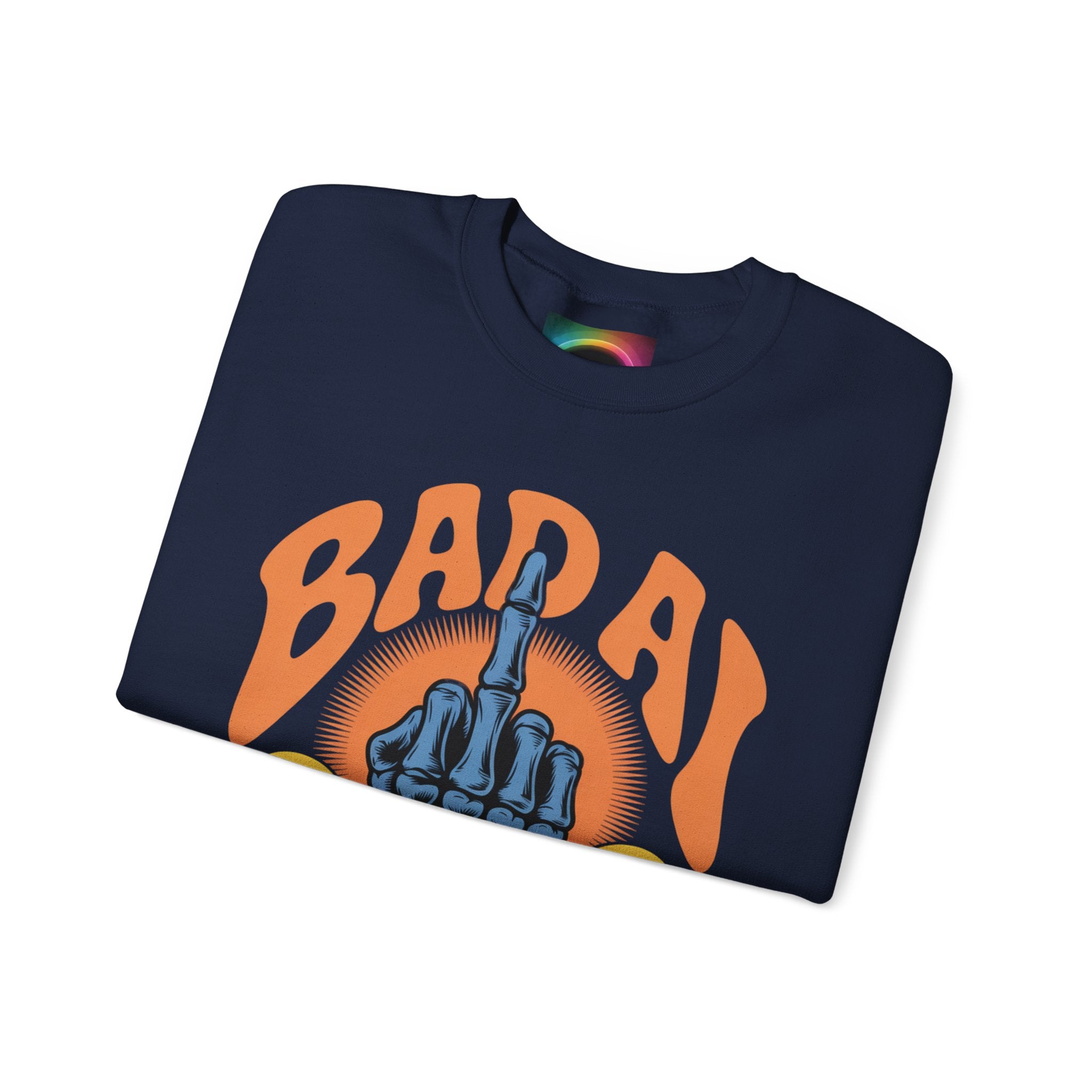 Bad AI Graphic Sweatshirt — Middle Finger Skeleton Hand with Smiley Faces