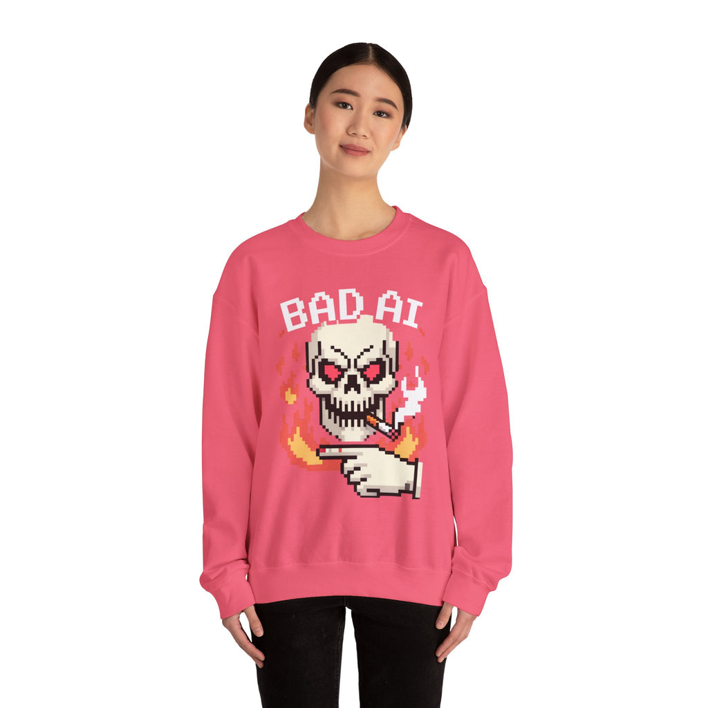 Bad AI Skull on Fire "CYBER BONE COMMAND" Pixel Art Sweatshirt