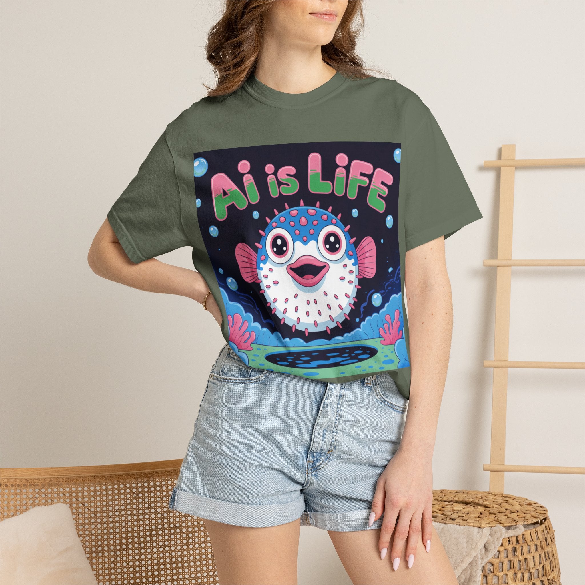 AI is LIFE  “Happy Blowfish Energy” ( Unisex Garment-Dyed T-shirt)