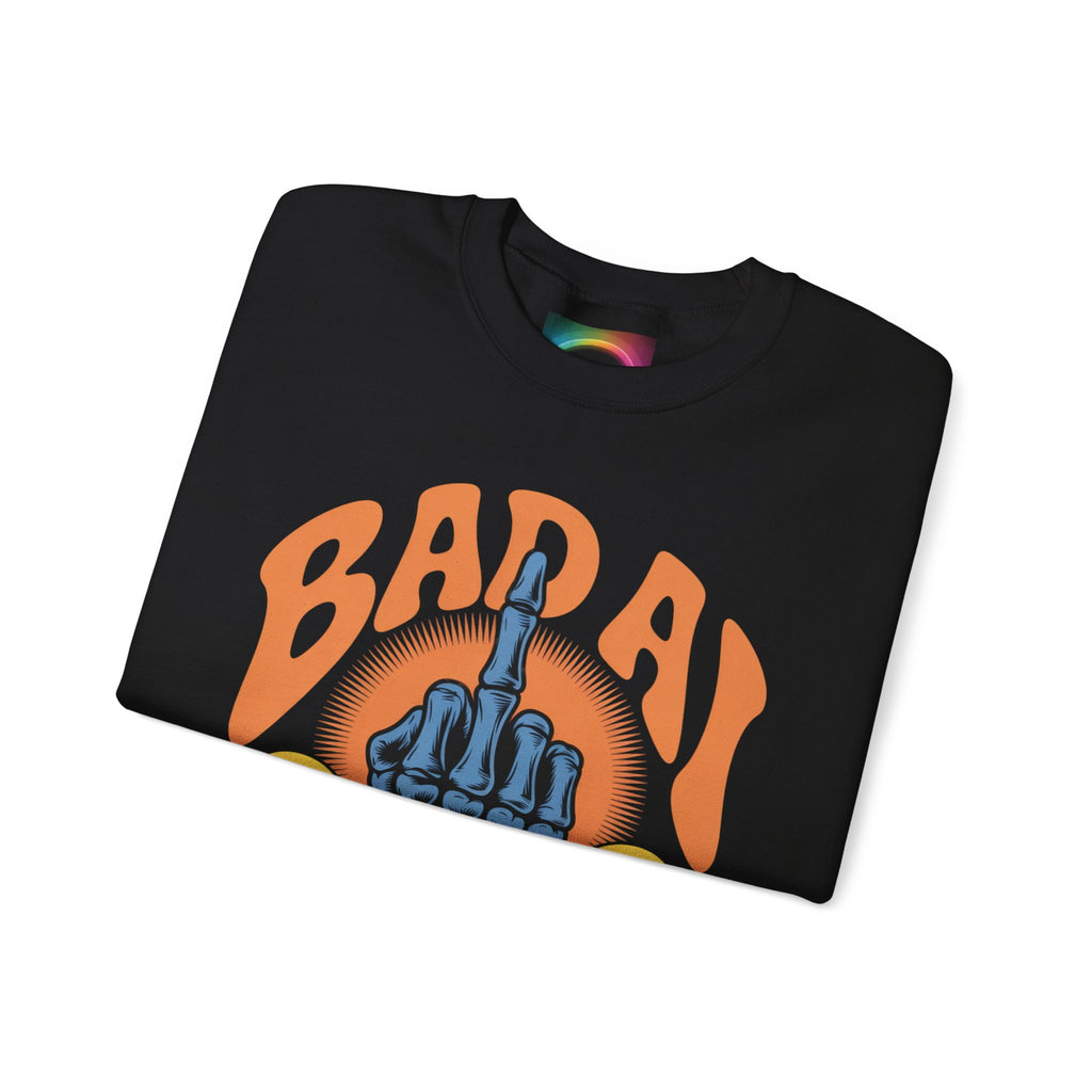 Bad AI Graphic Sweatshirt — Middle Finger Skeleton Hand with Smiley Faces