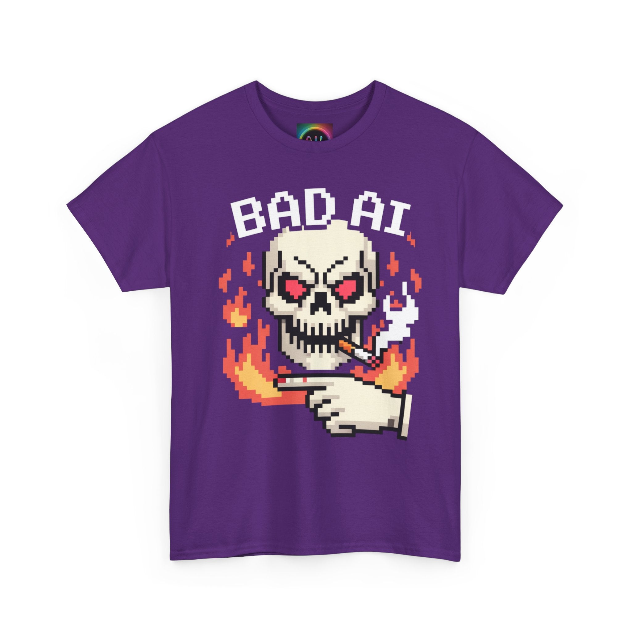 Bad AI Skull on Fire "CYBER BONE COMMAND" Pixel Art T-Shirt