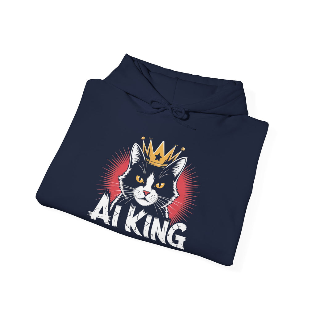 AI King Hoodie ""Glitch Monarch"" Cute Crowned Cat Graphic Pullover
