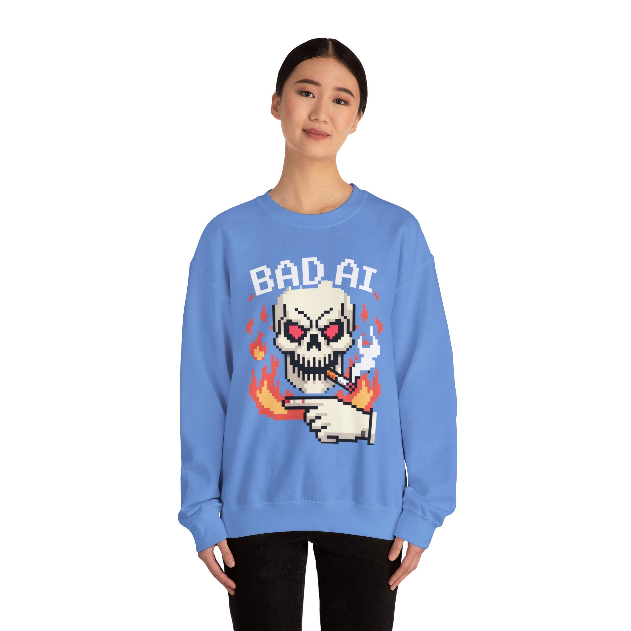Bad AI Skull on Fire "CYBER BONE COMMAND" Pixel Art Sweatshirt