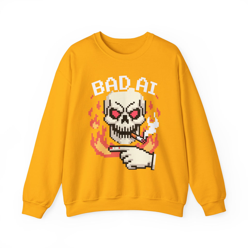 Bad AI Skull on Fire "CYBER BONE COMMAND" Pixel Art Sweatshirt
